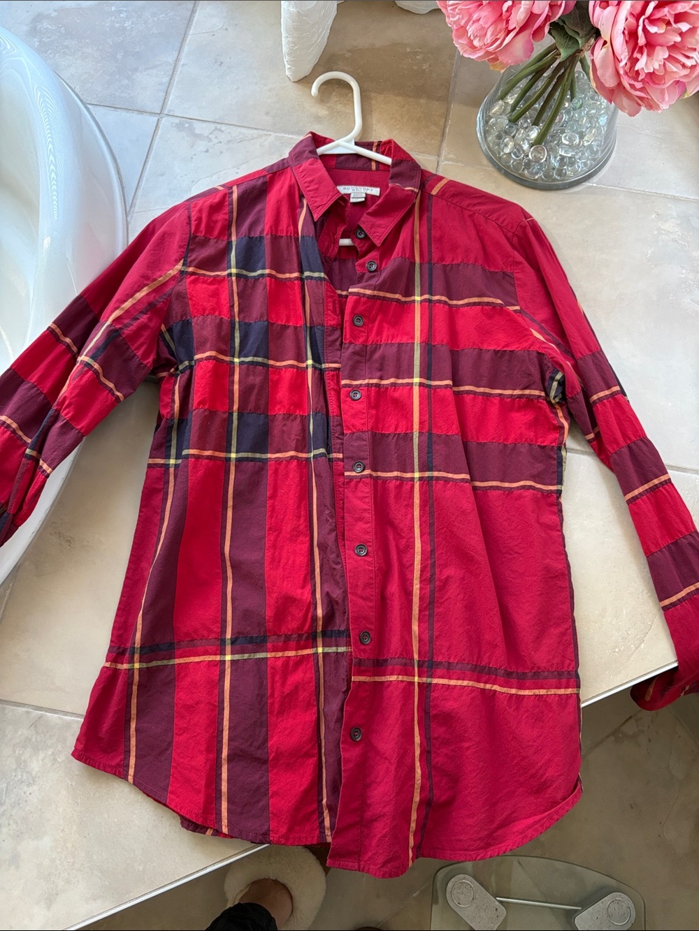 Burberry Red and Dark Plaid Casual Button-Down Shirt